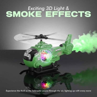 Bump-and-Go Military Helicopter Toy — Battery-Operated Camouflage Chopper with LED Lights, Music, Spray Mist & Spinning Rotor for Kids 3+