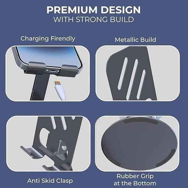 Metal Mobile Stand for Desk – 360° Rotating Foldable Phone & Tablet Holder, Adjustable Height, Anti-Slip Base, Portable Black
