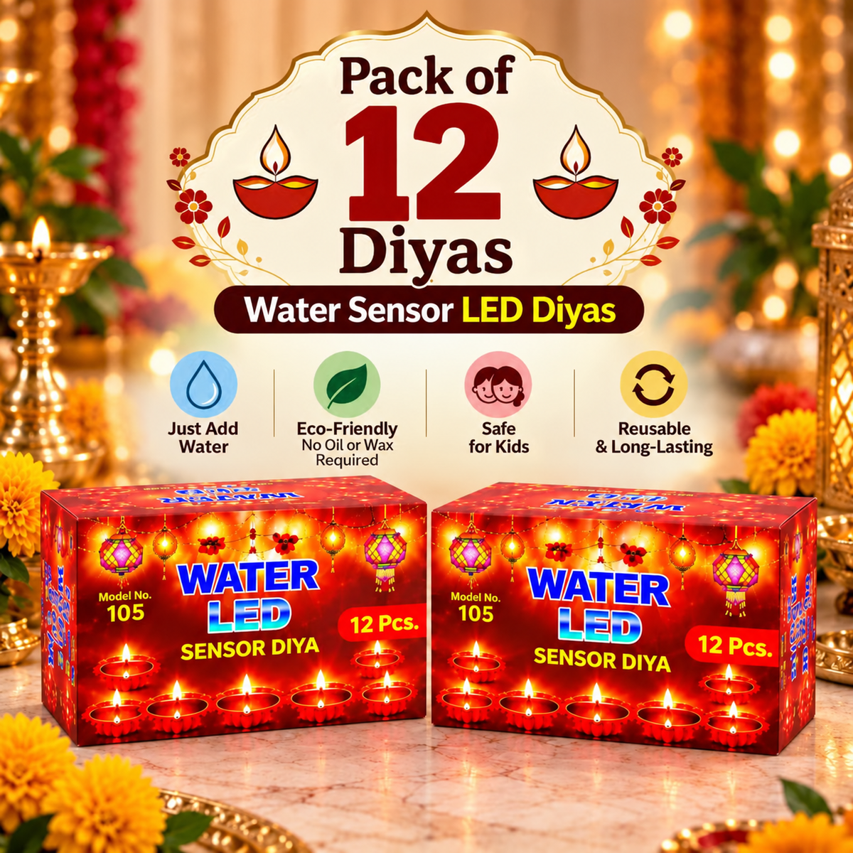 Water Sensor LED Diya 12 pcs – Reusable Flameless Red Diyas for Diwali Decor