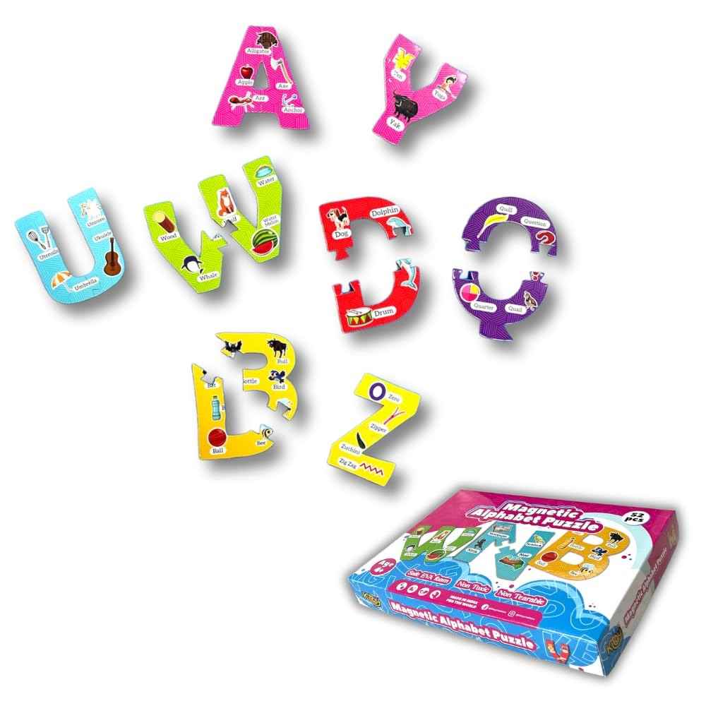 Magnetic Alphabet Puzzle 52 Pcs – 26 Break-Apart Foam Letters with Matching Words for Kids 4+