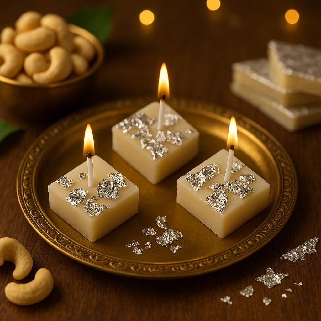 Kaju Katli Shaped Scented Soy Candles (Piece of 6) – Mithai Candles for Diwali Decor, Pooja Ghar, Rangoli, Gifting & Table Centrepiece