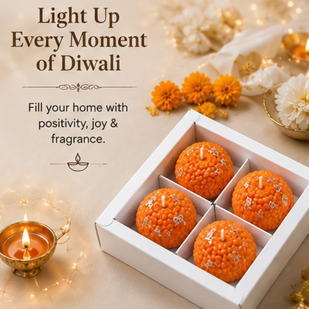 Motichur Ladoo Decorative Candle Set Pack of 4 – Traditional Indian Sweet-Shaped Festive Candles for Diwali, Pooja & Home Decor