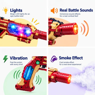 Battle Blaster Gun For Kids – Battery Operated Toy Blaster with Light, Sound, Vibration & Smoke Effect for Ages 3+ (Red & Gold)