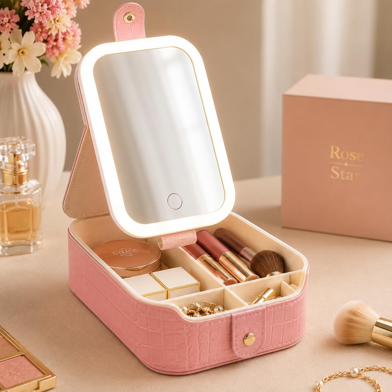 Table Lamp Makeup Mirror with LED Light RBMM-03 – Rechargeable Folding Vanity Mirror with 3 Colour Light Modes, 90° Tilt & Built-in Cosmetic Storage Box (Pink)