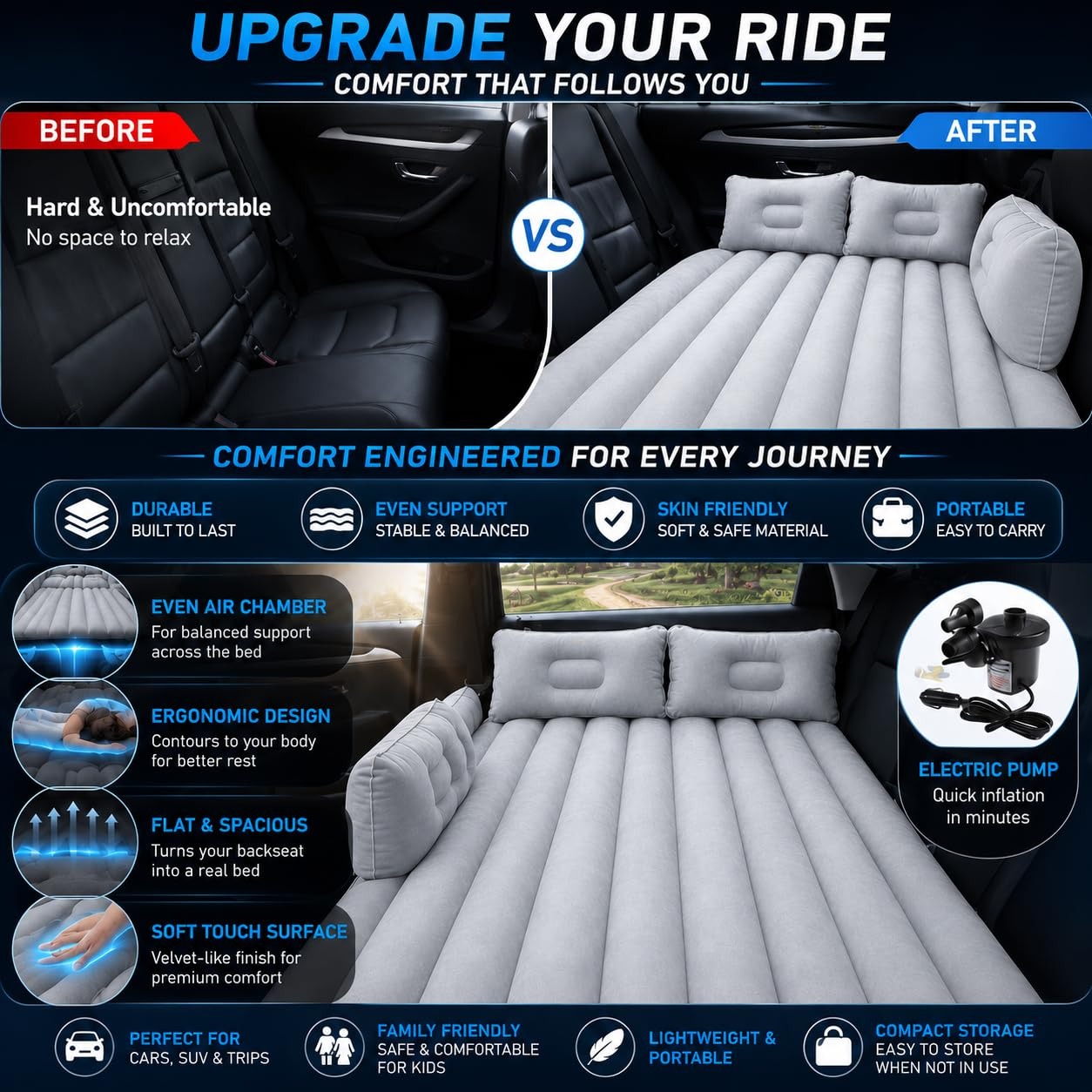 Car Inflatable Bed Mattress 130 × 80 cm – Portable Back Seat Air Bed with 12V Electric Pump & 2 Air Pillows for Travel, Camping & Road Trips (Silver)