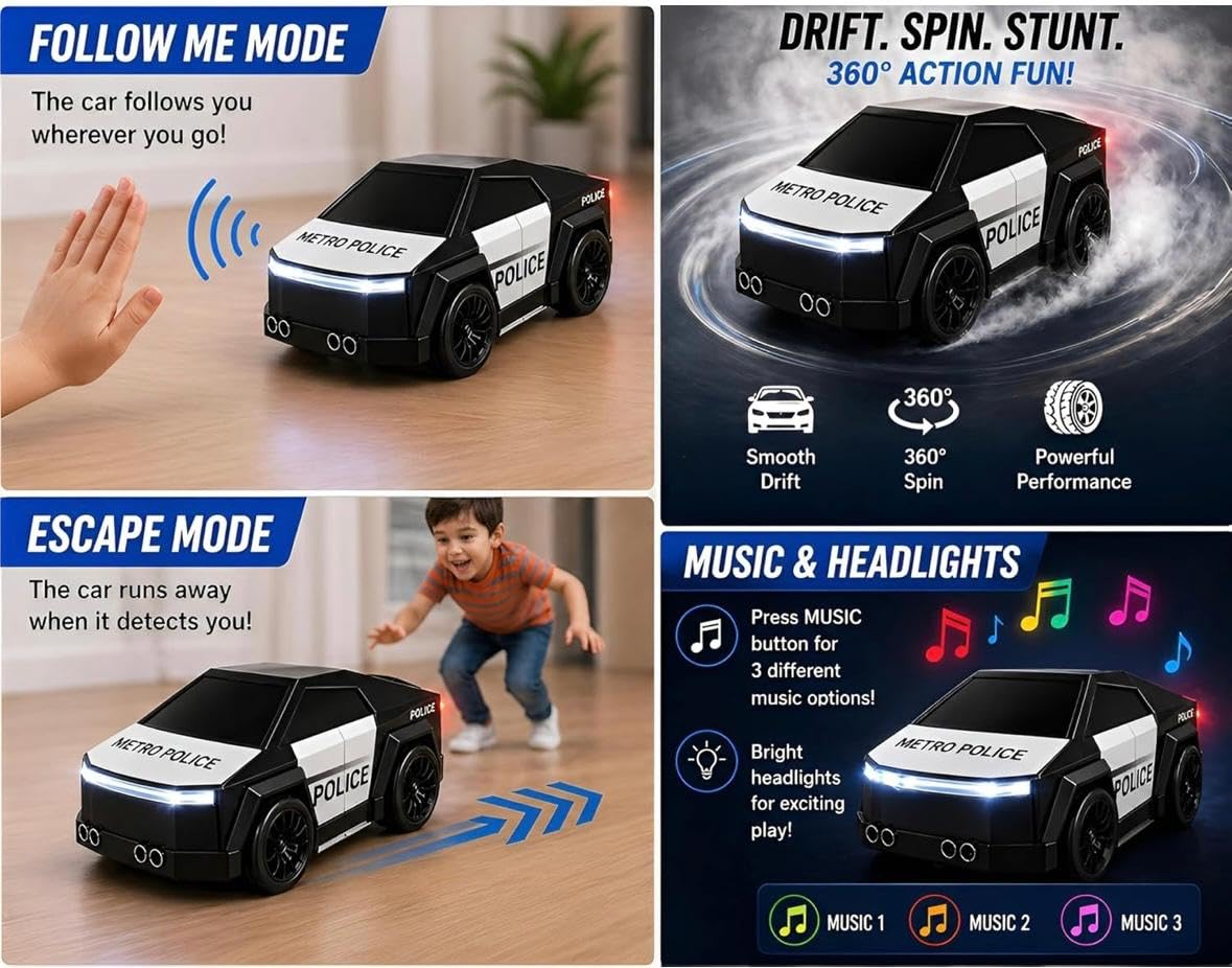 Police RC Drift Cyber Car Toy For Kids – Rechargeable Mini Drift Stunt Car with Spray Mist, LED Lights, Music, Follow & Escape Modes, 360° Spin for Boys & Girls 3+