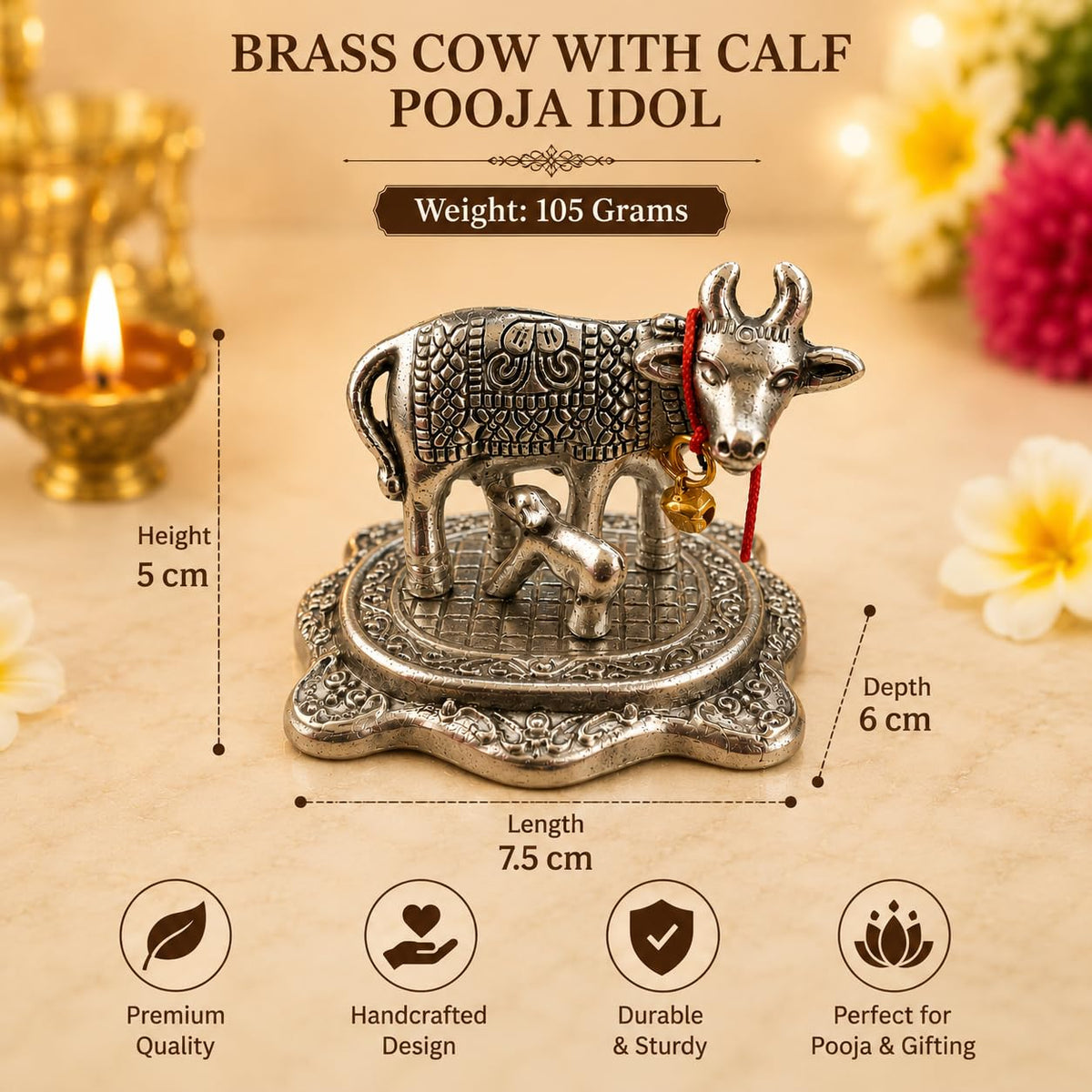 Decorative Metal Cow & Calf Idol – Kamdhenu Statue for Pooja Room, Home Décor & Office Desk | Vastu Showpiece for Diwali & Housewarming Gifting (Golden / Silver)