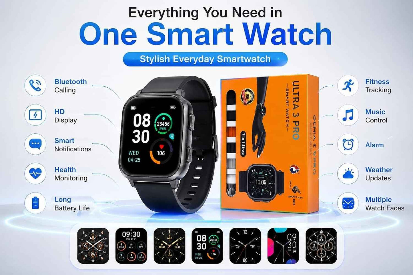 Watch Ultra 3 Max – Bluetooth Calling Smartwatch with 7 Strap Combo, Fitness Tracker, Heart Rate & SpO₂ Monitor for Men & Women
