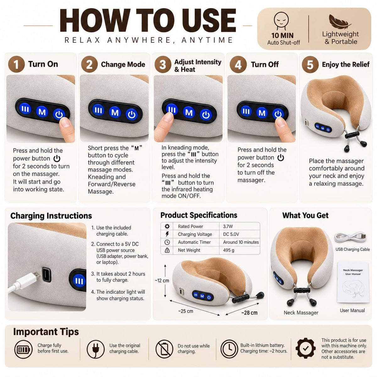 Neck Massage Pillow Cordless & Rechargeable – Shiatsu Neck & Shoulder Massager with Heat, 4 Deep-Kneading Nodes & 15-Min Auto Shut-Off for Home, Office, Car & Travel
