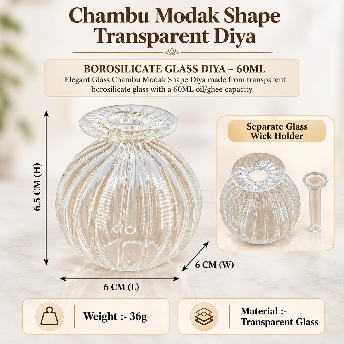 Modak Shape Diya, Diwali Decoration for Home – Transparent Borosilicate Glass Oil Diya
