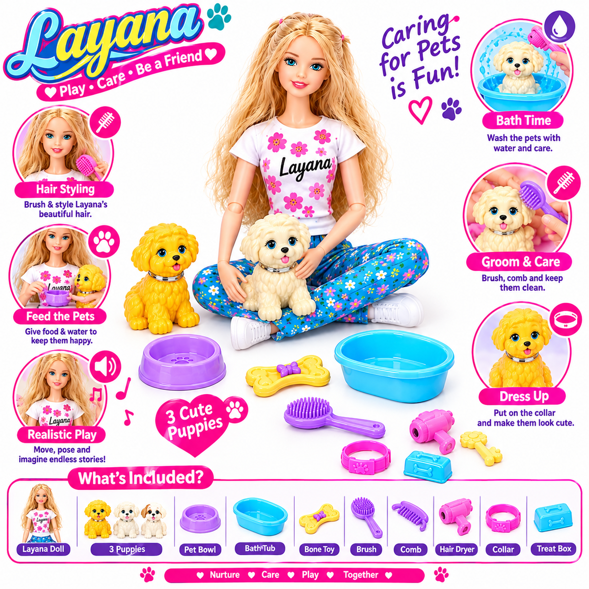 Doll House Playset With Dogs For Kids – 12-Inch Fashion Doll & Pet Grooming Salon Set
