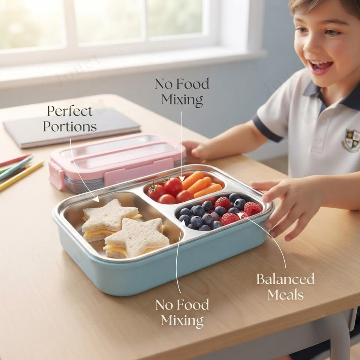 Lax Son SUS 304 Stainless Steel Lunch Box for Kids – 3 Compartment Leak-Resistant Clip-Lock Bento Tiffin with Side Handles, BPA-Free Body for School & Travel