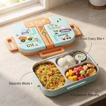 Lax Son SUS 304 Stainless Steel Lunch Box for Kids – 3 Compartment Leak-Resistant Clip-Lock Bento Tiffin with Side Handles, BPA-Free Body for School & Travel