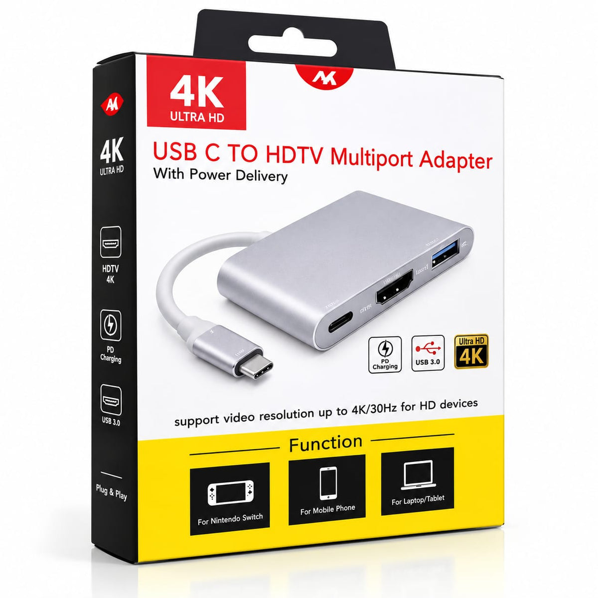 USB-C to HDTV Multiport Adapter LZ-04V 3-in-1 – 4K Hub with USB 3.0, USB-C PD Charging & Aluminium Body for Laptops, Tablets & Phones