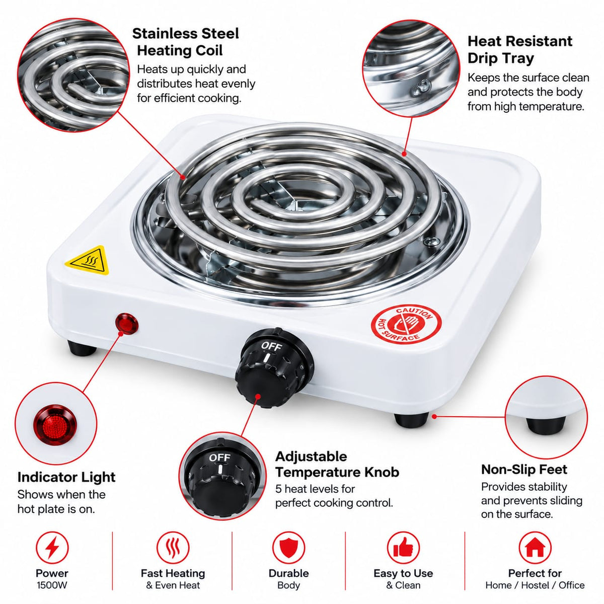 Electric Hot Cooking Plate-1500W – Compact Single Burner Hot Plate GFT-1015B with Overheat Protection & Auto-Thermostat for Hostel, Dorm & Small Kitchen
