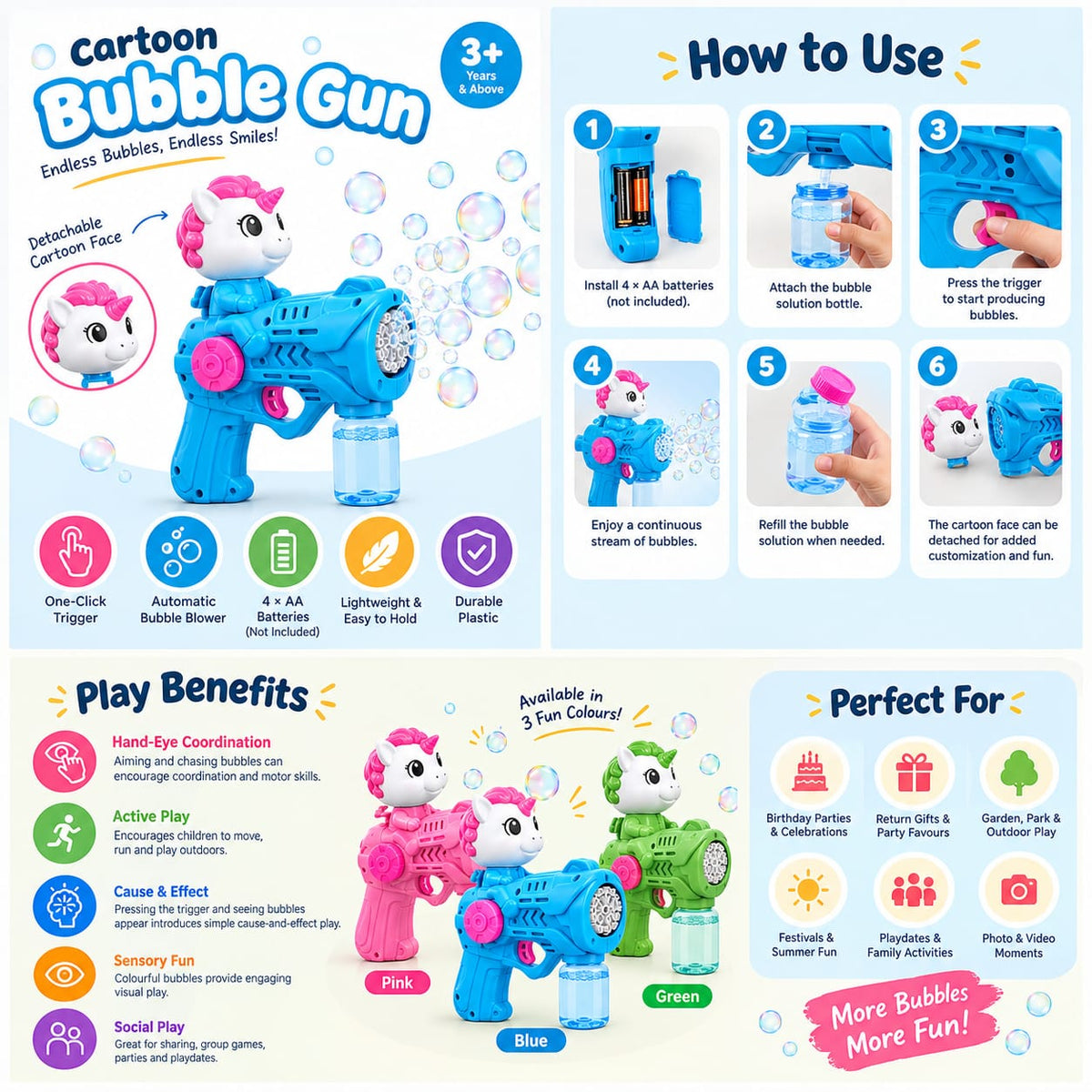 Cartoon Bubble Gun for Kids – One-Click Automatic Bubble Blower with Detachable Cartoon Face