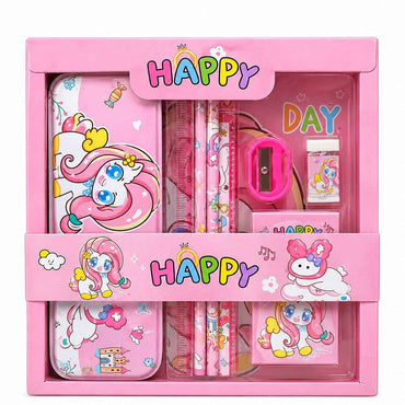 Unicorn Stationery Set for Kids – Metal Pencil Case, Pencils, Ruler, Sharpener, Eraser & Notepad in Pink Gift Box for Girls 3+