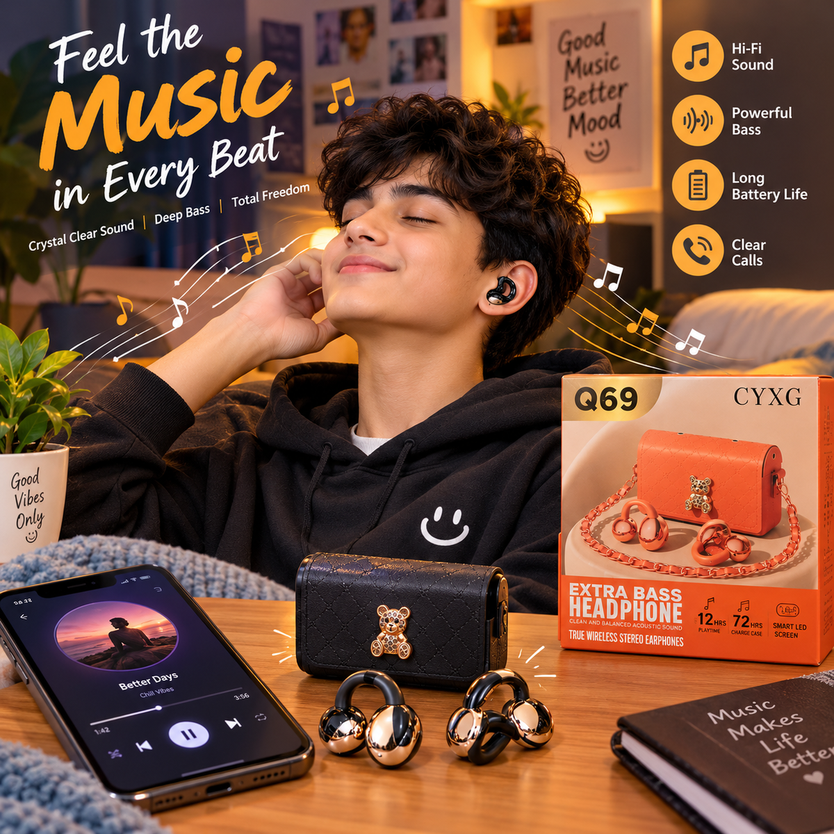 Q69 True Wireless Stereo Earphones with Mini Bag, With charging Cable