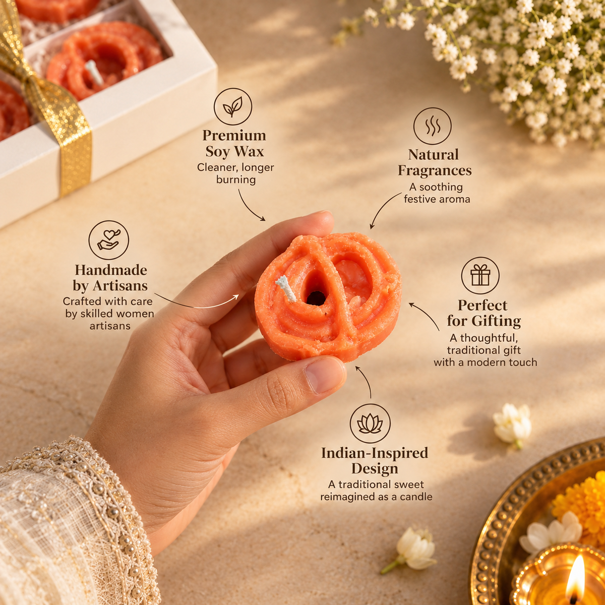 Jalebi Shaped Soy Wax Candle with Fragrance – Sweet Mithai Scent for Diwali & Gifting (Piece of 4)
