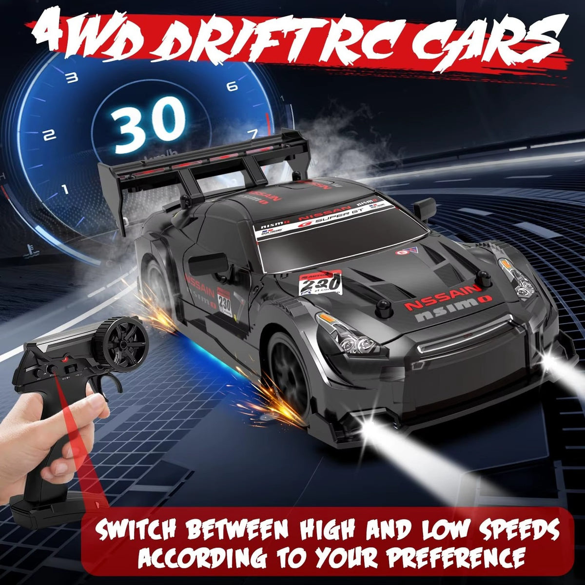 Drift Racing Car 1:24 Scale 4WD – Remote Control RC Drift Car with LED Headlights & Extra Drift Tires