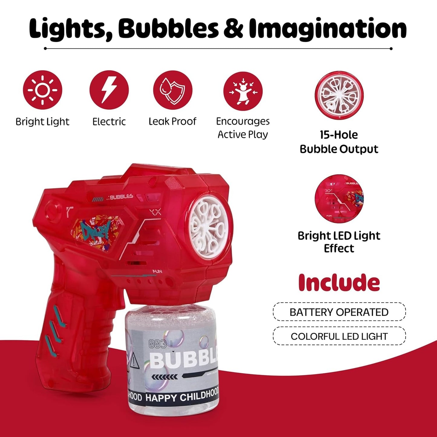 15-Hole LED Bubble Gun for Kids