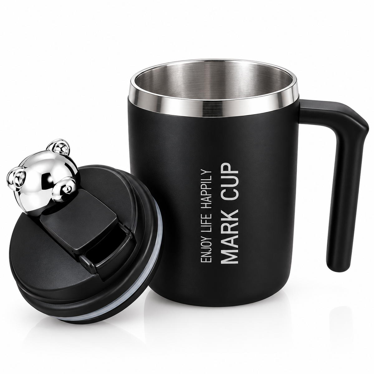 Bear Head Mug – Matte Black Insulated Mug with Bear-Shaped Lid & Handle