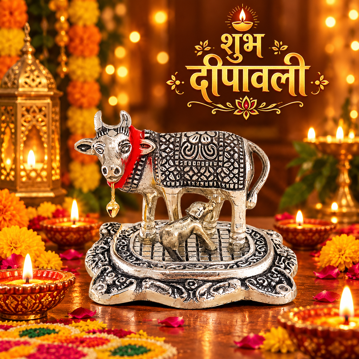 Decorative Metal Cow & Calf Idol – Kamdhenu Statue for Pooja Room, Home Décor & Office Desk | Vastu Showpiece for Diwali & Housewarming Gifting (Golden / Silver)