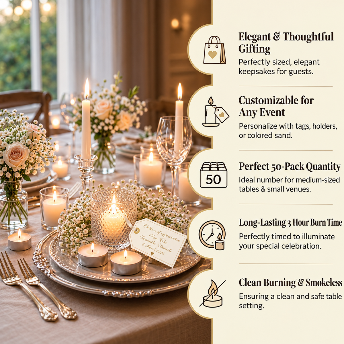 Tealight Candles, Pack of 50, White, 3 Hour Burn Time – Unscented, Dripless Aluminium Cup Tea Lights for Diwali Decor, Weddings & Gifting