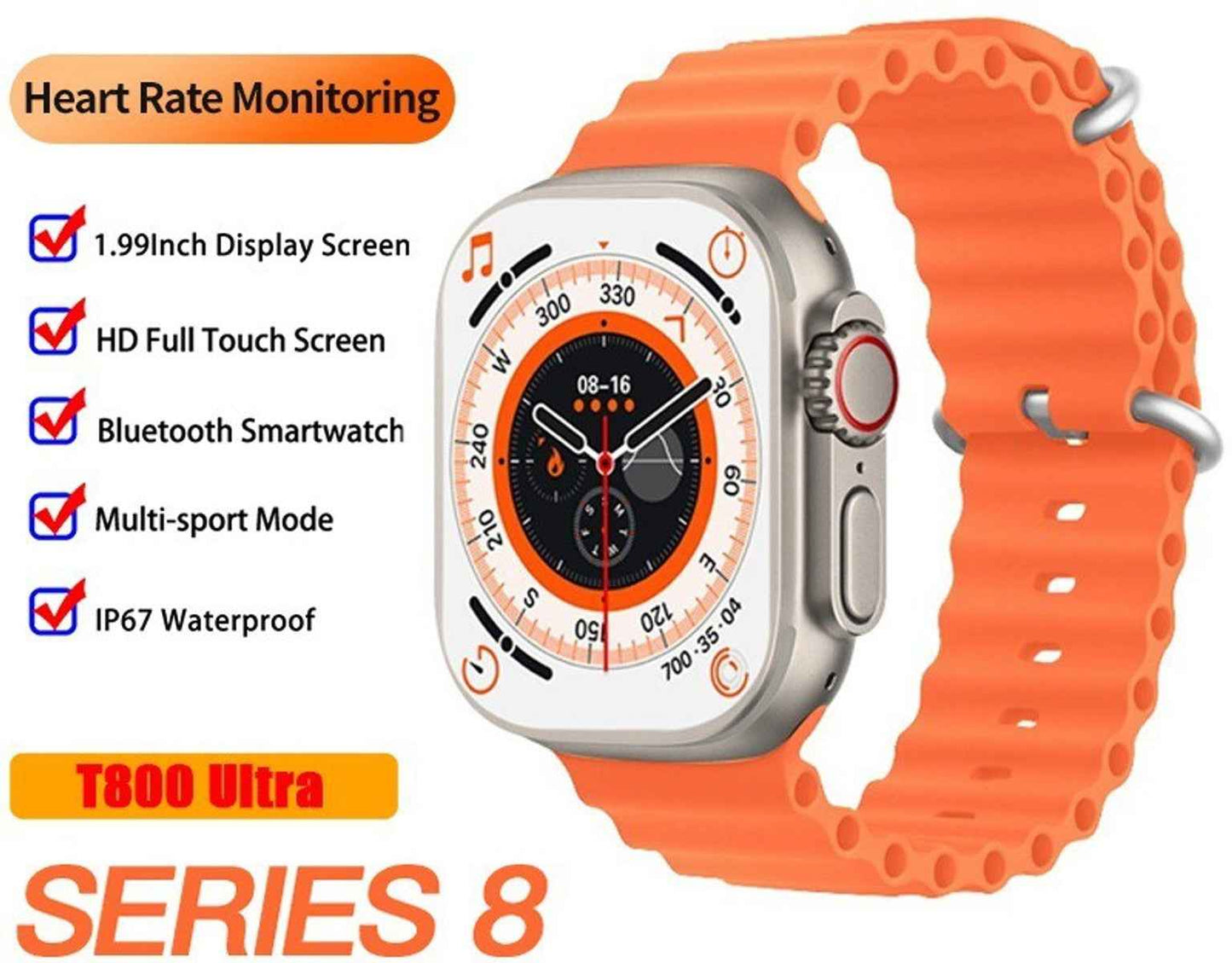T800 Ultra Smart Watch – 1.99 Inch Bluetooth Calling Smartwatch with Heart Rate, Sleep & Sport Modes, IP67 Water Resistant (Orange Strap)
