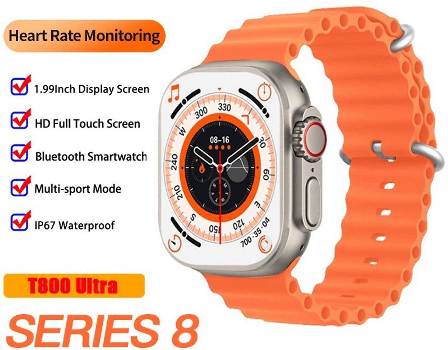 T800 Ultra Smart Watch – 1.99 Inch Bluetooth Calling Smartwatch with Heart Rate, Sleep & Sport Modes, IP67 Water Resistant (Orange Strap)