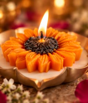 Sunflower Shaped Scented Soy Wax Candle in Urli | Decorative Aromatherapy Candle for Home Decor, Diwali & Gifting