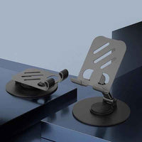 Metal Mobile Stand for Desk – 360° Rotating Foldable Phone & Tablet Holder, Adjustable Height, Anti-Slip Base, Portable Black