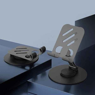 Metal Mobile Stand for Desk – 360° Rotating Foldable Phone & Tablet Holder, Adjustable Height, Anti-Slip Base, Portable Black