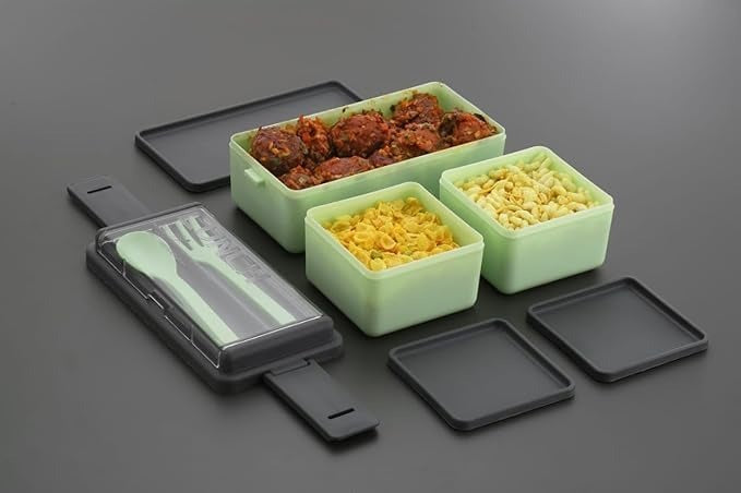 DOUBLE LAYER LUNCH BOX 3 Compartment – Leakproof Tiffin with Spoon & Fork, BPA Free, Microwave Safe for Office, School & Travel