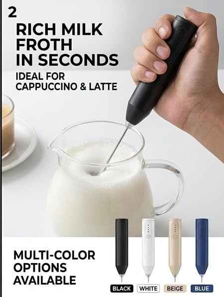 Electric Milk Frother with Stand – USB-C Rechargeable, Stainless Steel Whisk, LED Battery Indicator (Black)