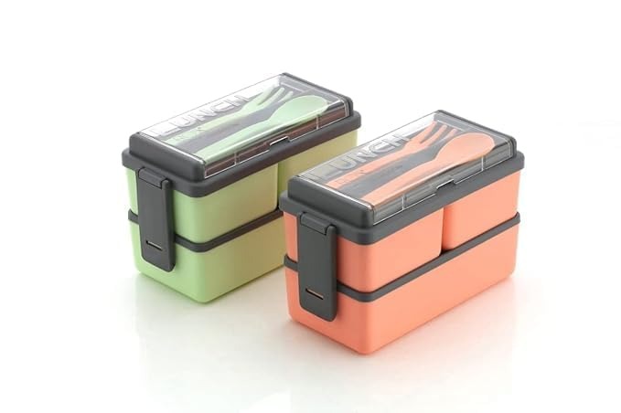 DOUBLE LAYER LUNCH BOX 3 Compartment – Leakproof Tiffin with Spoon & Fork, BPA Free, Microwave Safe for Office, School & Travel