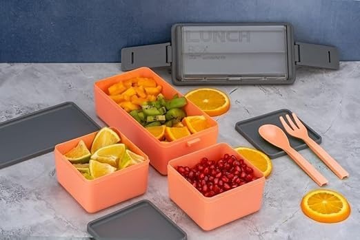 DOUBLE LAYER LUNCH BOX 3 Compartment – Leakproof Tiffin with Spoon & Fork, BPA Free, Microwave Safe for Office, School & Travel