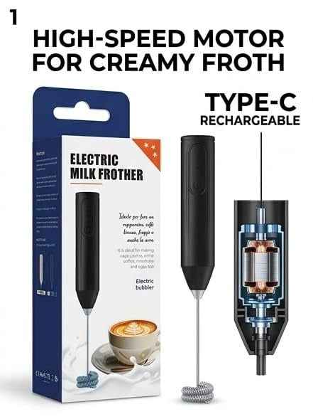 Electric Milk Frother with Stand – USB-C Rechargeable, Stainless Steel Whisk, LED Battery Indicator (Black)