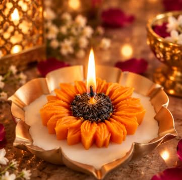 Sunflower Shaped Scented Soy Wax Candle in Urli | Decorative Aromatherapy Candle for Home Decor, Diwali & Gifting