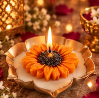 Sunflower Shaped Scented Soy Wax Candle in Urli | Decorative Aromatherapy Candle for Home Decor, Diwali & Gifting