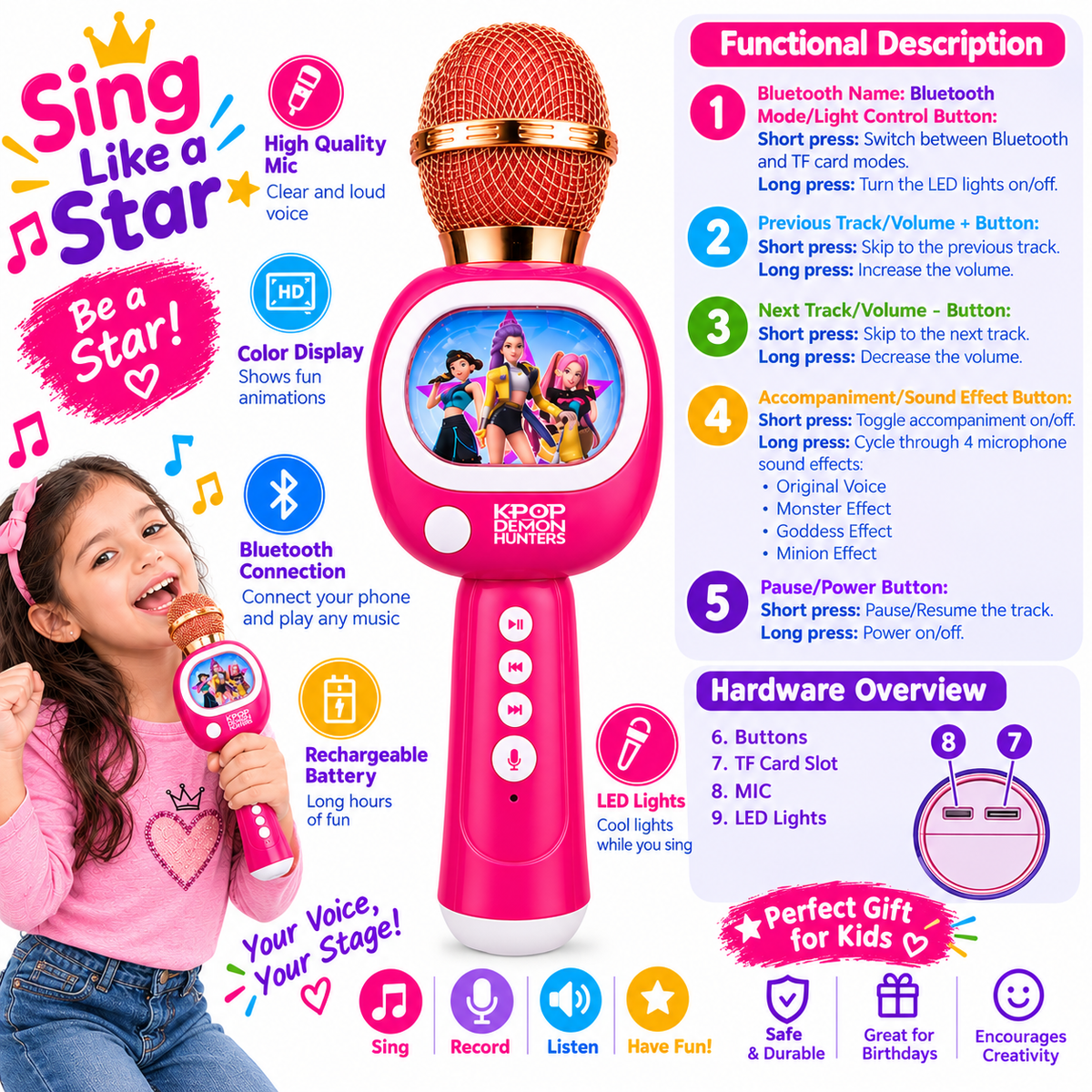 K-Pop Demon Hunters Wireless Karaoke Microphone – Bluetooth Mic with Built-in Speaker, LED Lights & Voice Effects for Kids 3+ (Charging Cable Included)