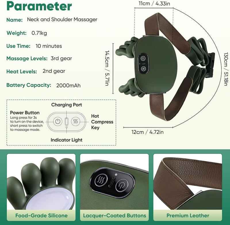 ASW - Shoulder And Neck Massager – 4D Bionic Cordless Kneading Massage Pillow for Neck, Shoulders & Back (Green)
