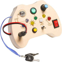 Wooden Busy Board — Controller-Shaped Sensory Toy with LED Lights, Switches & Keys for Toddlers 1–3
