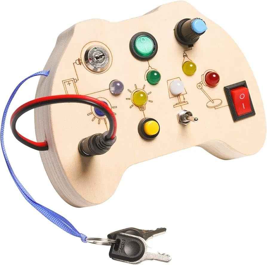 Wooden Busy Board — Controller-Shaped Sensory Toy with LED Lights, Switches & Keys for Toddlers 1–3