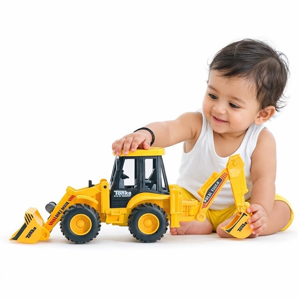 Friction JCB Toy For Kids 3+ Ages – 2-in-1 Bulldozer & Excavator Construction Truck with 180° Rotatable Shovel, Big Rubber Wheels & Push-and-Go Action (Yellow & Black)