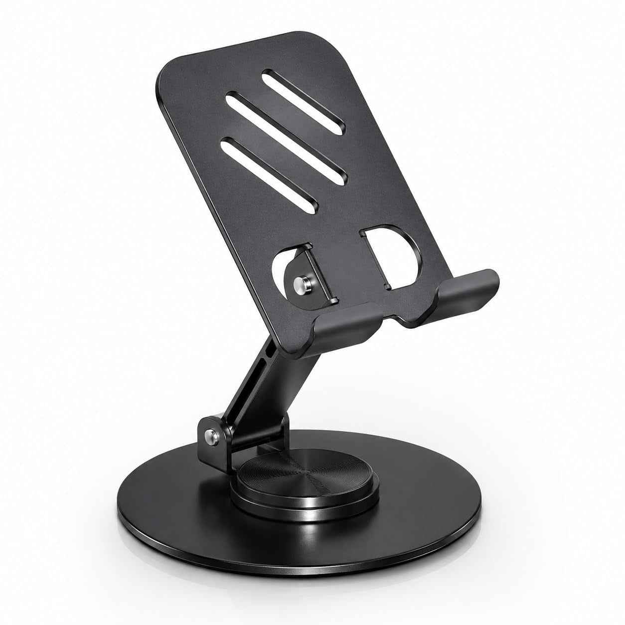 Metal Mobile Stand for Desk – 360° Rotating Foldable Phone & Tablet Holder, Adjustable Height, Anti-Slip Base, Portable Black