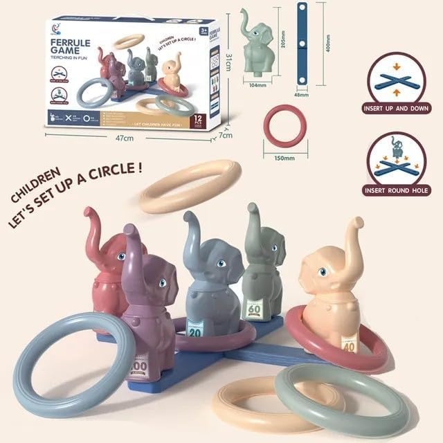 Ferrule Game Teaching In Fun For Kids – Elephant Ring Toss Game Set with 5 Pastel Elephants & 5 Rings for Indoor & Outdoor Play, Ages 3+