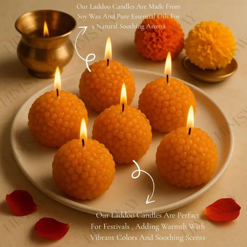 Motichur Ladoo Decorative Candle Set Pack of 4 – Traditional Indian Sweet-Shaped Festive Candles for Diwali, Pooja & Home Decor