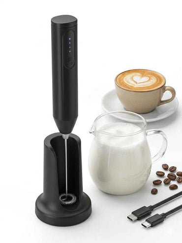 Electric Milk Frother with Stand – USB-C Rechargeable, Stainless Steel Whisk, LED Battery Indicator (Black)