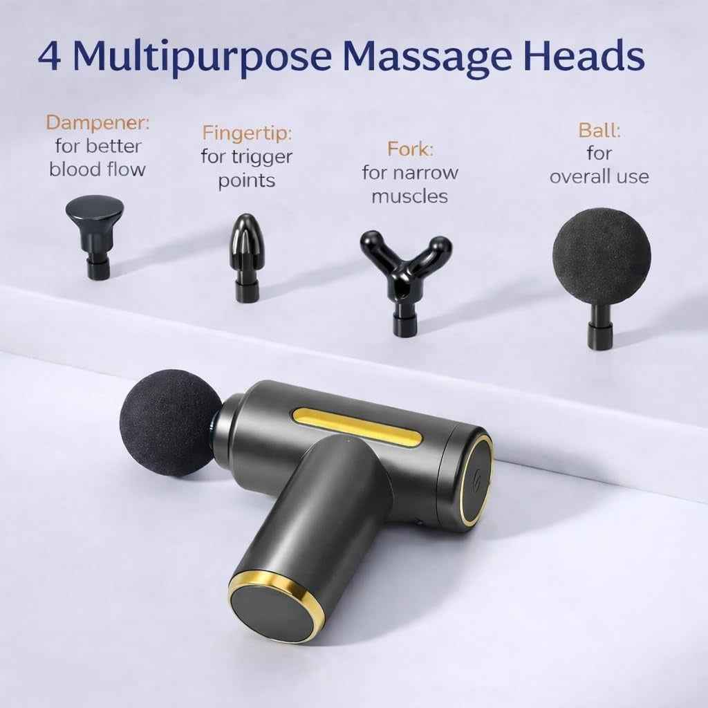 4 in 1 Massage Gun for Pain Relief – Deep Tissue Body Massager with 4 Heads, 6 Speed Levels, Turbo Mode & Type-C Fast Charging for Back, Neck, Shoulder & Full Body